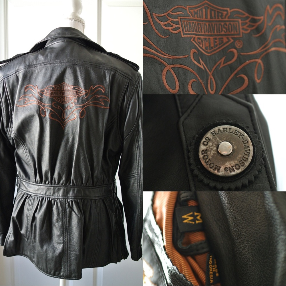 Harley Davidson Embroidered Leather Jacket Vintage